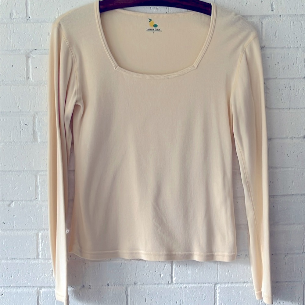 Lemon Lime Long Sleeve Yellow Sz S Square Neck  Ribbed 90s Feminine Vintage.